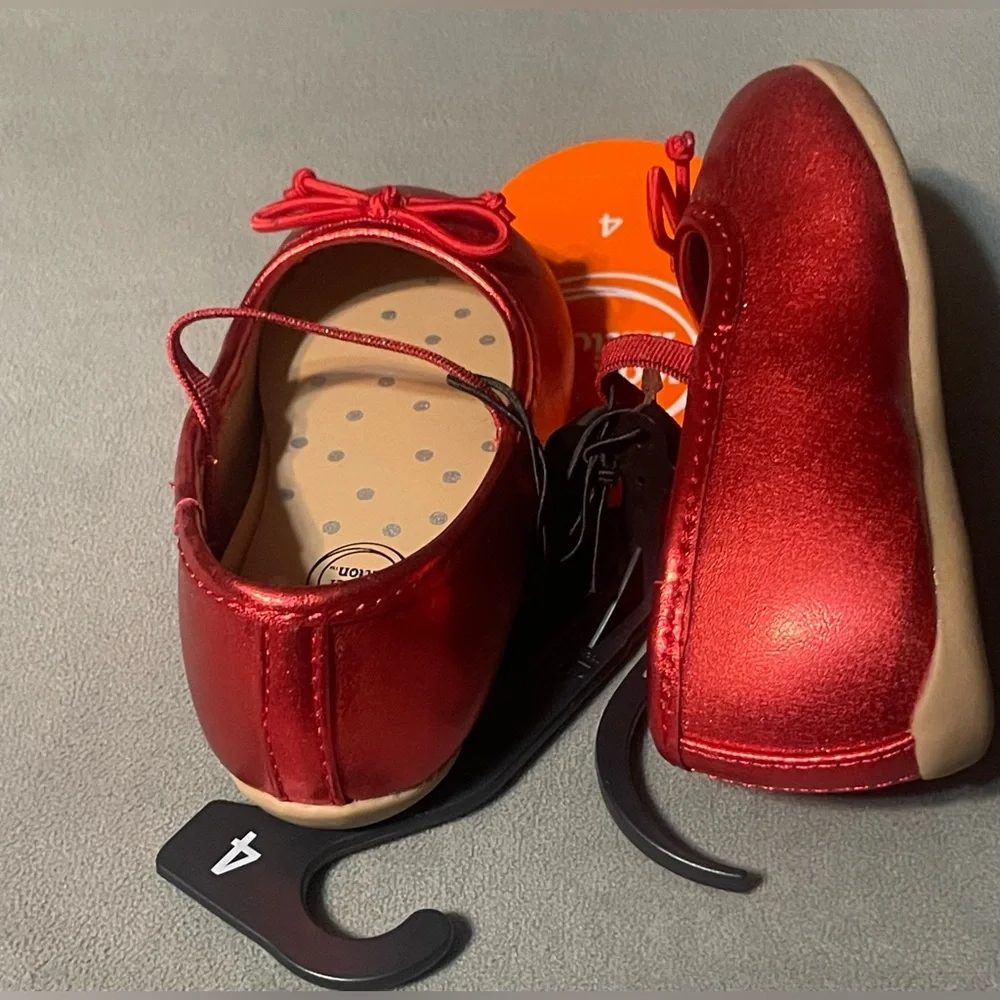 NWT Wonder Nation Baby Girl Red Metallic Mary Jane Flats Bow Shoes Size 4 Infant